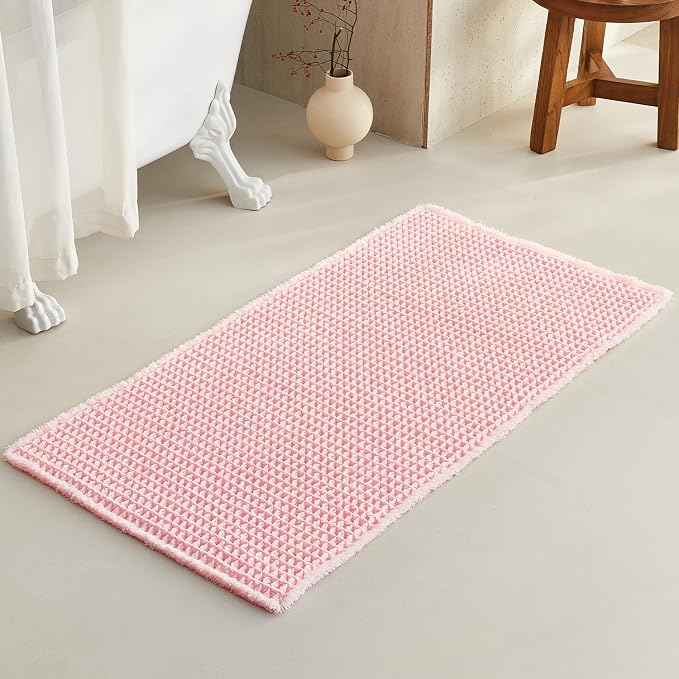 TYUU Light Peachy Pink Bathroom Rugs, Waffle Bath Mat Non Slip Washable Quick Dry Cute Bath Mat Boho Farmhouse Bathroom Decor, 48"x24" Light Peachy Pink