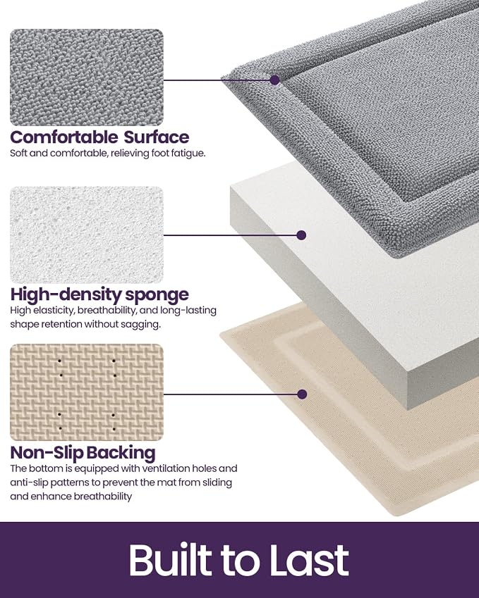 DEXI Memory Foam Bath Mat 32x20, Soft Absorbent Chenille Bathroom Rug, Non Slip Quick Dry Bath Mats for Bathroom, Thick Plush Floor Carpet for Tub Shower, Sink, Light Grey