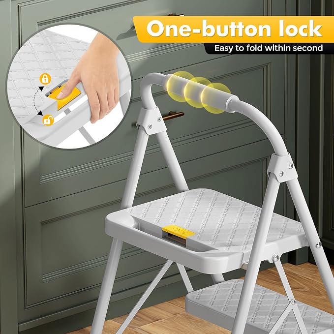 KINGRACK 2 Step Ladder, Folding Step Stool with Safety Lock & Sturdy Anti-Slip Pedals, Pass 800lbs Load Testing, Lightwegiht, Portable Steel Ladder with Handrails for Home, Kitchen, Garage, Office