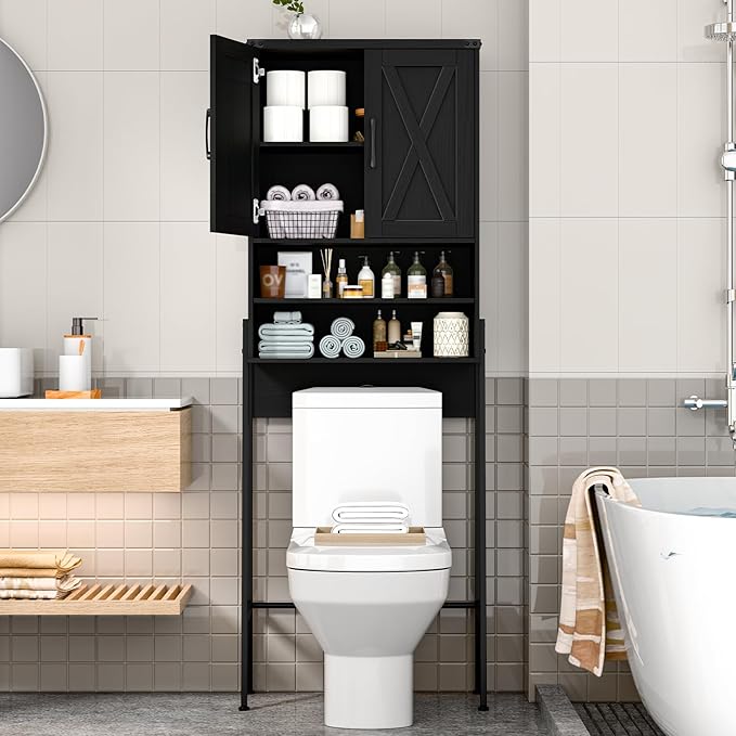 Vabches Over The Toilet Storage Cabinet, Farmhouse Over Toilet Storage Cabinet, Metal Frame with 2 Barn Doors, Home Space-Saving Toilet Rack for Bathroom, Toilet, Laundry Room,Black