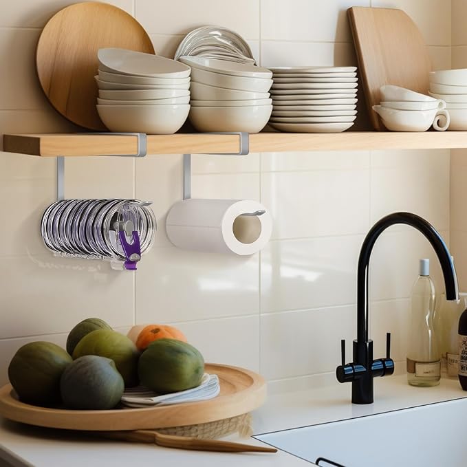 Tumbler Lid Organizer, Horizontal Tumbler Lid Storage Hook Up to 10 Lids, Space Saving Cup Lid Holders Under Cabinet Tumbler Lid Hook for Kitchen Organizer and Storage, Paper Towel Rack Hanger (Gray)