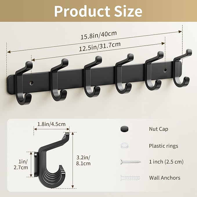 pickpiff Coat Rack Wall Mounted Heavy-Duty: Metal Coat Hanger 6 Hooks for Hanging Hat, Clothes, Robe, Keys, Backpack, Bathroom Towels, Jacket, Purse - Closet, Door, Entryway, Mudroom (Black, 2 Pack)