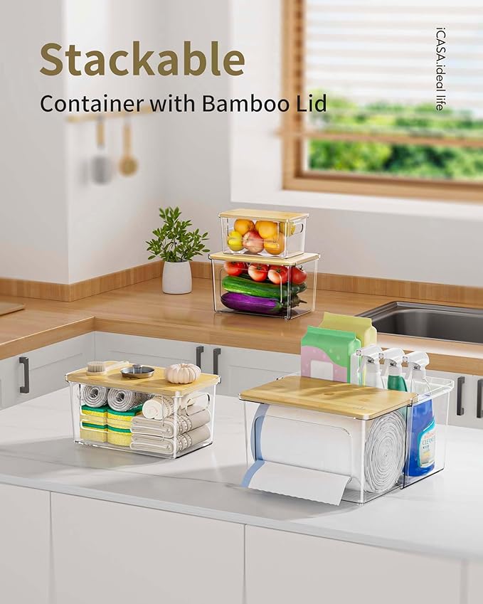 iCASA Trash Bag Dispenser Holder - 3 in 1 Acrylic Under Sink Organizer Garbage Bags Container with Bamboo Lid, Holds up to 100 Count 13/30/33 Gallon Bag Roll for Kitchen, Pantry, Laundry Room Storage