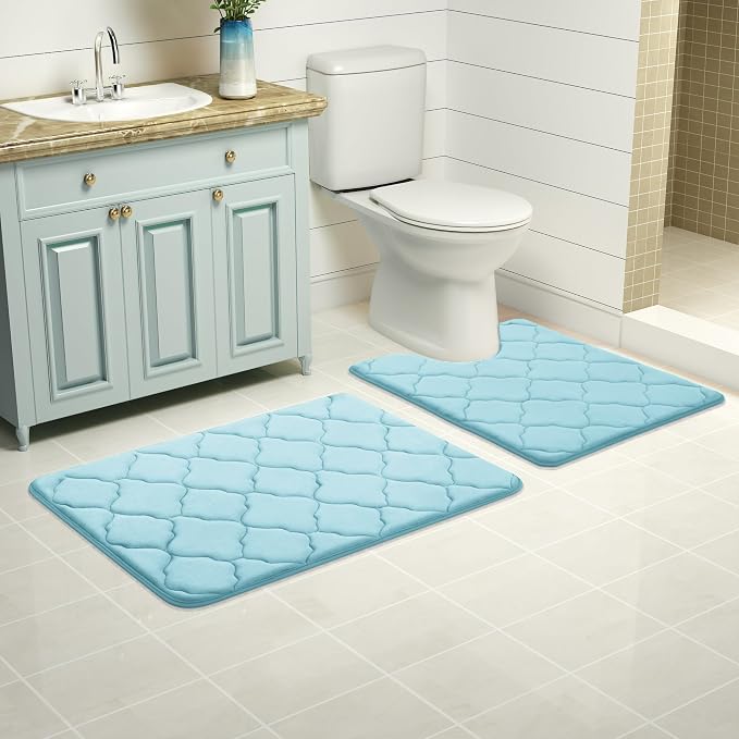 OLANLY Memory Foam Toilet Rugs U-Shaped 24x20, Ultra Soft and Absorbent Bathroom Rugs, Non-Slip, Comfortable, Machine Washable Contour Bath Mat for Toilet Base, Home Decor Accessories, Sky Blue
