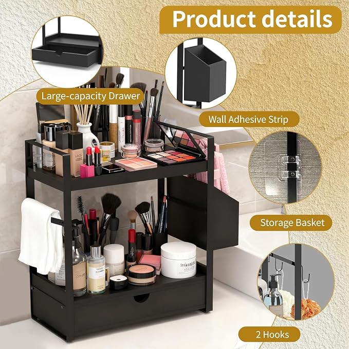 2-Tired Bathroom Counter Organizers and Storage, Coffee Bar Organizer with Drawer, Solid Wood Skincare Perfume Organizer for Vanity Kitchen Corner Shelf Office Countertop (Black)