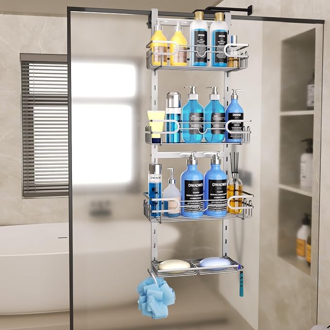 Consumest Over The Door Shower Caddy - 4 Tier Adjustable Hanging Shower Organizer Shelf with 2 Soap Holders & 22 Hooks, Rustproof Easy Installation Hanging Storage Rack for Bathroom, Silver