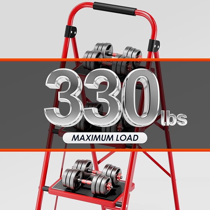 Urackify Step Ladder, 4 Step Ladder with Anti-Slip and Wide Pedal, Portable Foldable Step Stool with Handgrip, Sturdy Step Ladder for Home Kitchen Household, Red
