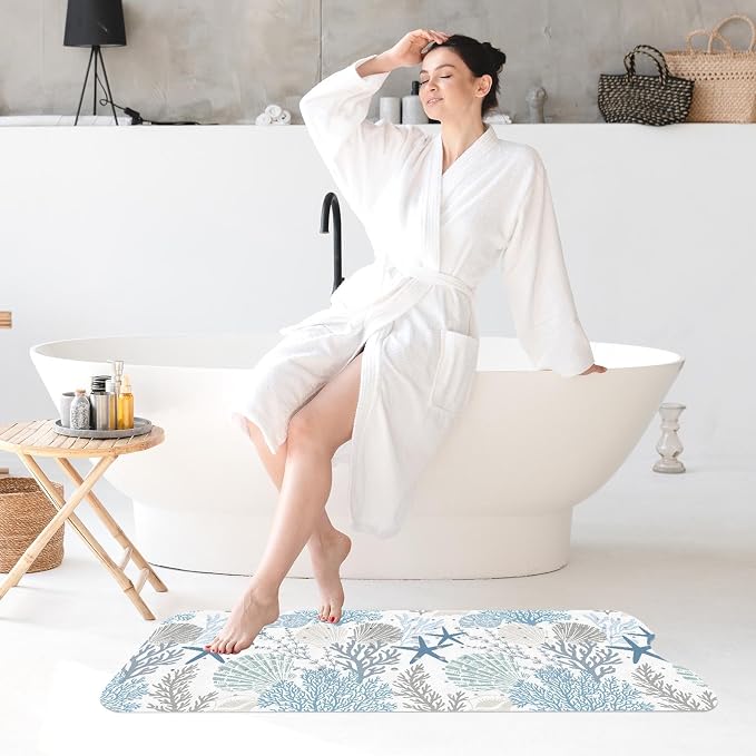 Sea Shells Coral Seashell Bath Mat Non Slip, Starfish Underwater 40X16 Inch Extra Long Bathtub Shower Mat for Tub Anti Slip with Suction Cups and Drain Holes for Kid Adult Elderly