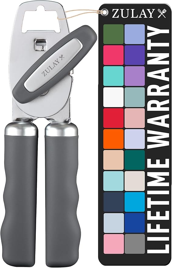 Zulay Kitchen Heavy Duty Stainless Steel Can Opener Manual with Bottle Opener - Rust Proof Manual Can Opener With Turn Knob & Comfy Soft Grip Handles - Gray