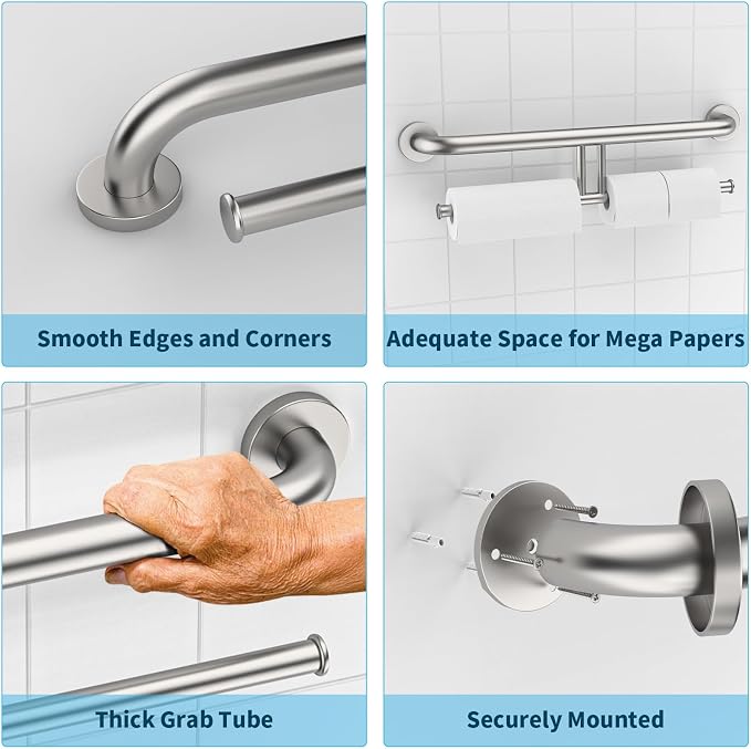 Brushed Nickel Handicap Grab Bars 24 Inch, Stainless Steel Bathroom Safety Grab Bar w/Toilet Paper Holder, Wall Mounted Tissue Paper Roll Holder, Assistance Toilet Shower Handle for Elderly Senior