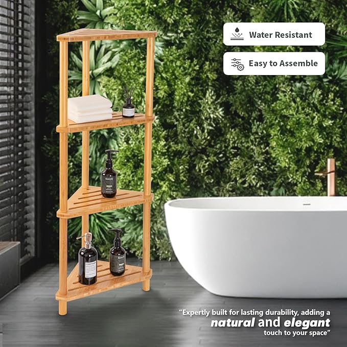 GUGIGP 4-Tier Corner Shower Caddy Stand Bamboo,Standing Corner Shower Shelf,Shower Organizer,Shower Storage Shlves,Waterproof & Durable,Space-Saving Design for Bathroom Kitchen or Living Room