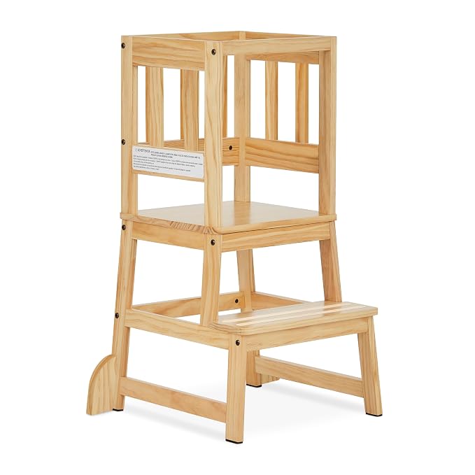 Dream On Me 2-in-1 Funtastic Tower and Step Stool, Toddler Step Tower for Learning & Play, Safety Rails, Anti-Skid Pads, Non-Slip Strips & Stabilizer Fins for Safe Counter Activities - Natural