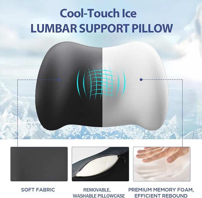 Lumbar Support Pillow for Office Chair, Cooling Car Lumbar Pillow Lower Back Pain Relief,Memory Foam Back Cushion with Adjustable Straps,Ergonomic Chair Back Pillow for Gaming Chair,Car(Gray Cooling)