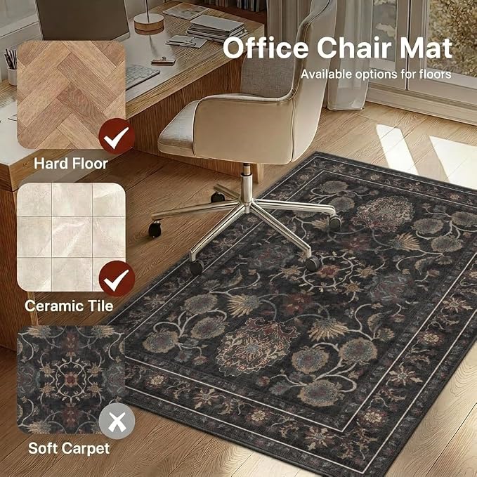 48"x72" Office Chair Mat for Hardwood Tile Floor, Under Desk Carpet Protector for Rolling Computer Chair Mat, Machine Washable Area Rug, Anti-Slip 1/5" Thick Low Pile Thin Vinyl Floor Mat, Charcoal