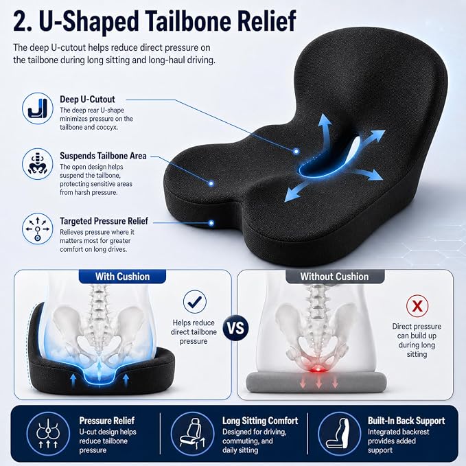 Orthopedic Cushion for Car, Extra Wide Thick Seat Cushion for Long Haul Driving with High Density Support and U-Shaped Tailbone Relief for Truck Drivers and Commuters (Black)