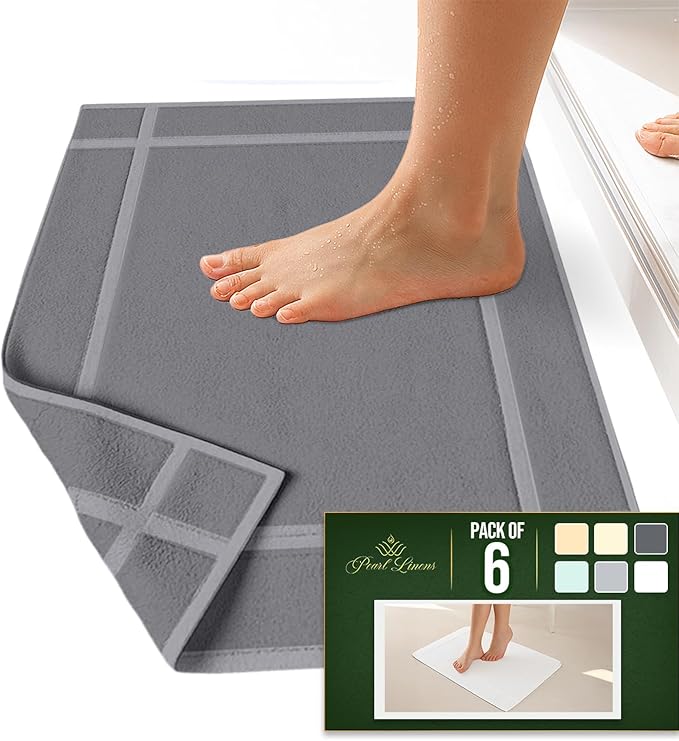Pearl Linens 100% Ring Spun Cotton Bath Mat (Pack of 6) 18 x 25 Inch, Washable, Soft & Absorbent Terry Bathroom Floor Mat – Not Bathroom Rugs – Quick-Dry After Shower Bath Mat, 781 GSM, Light Grey