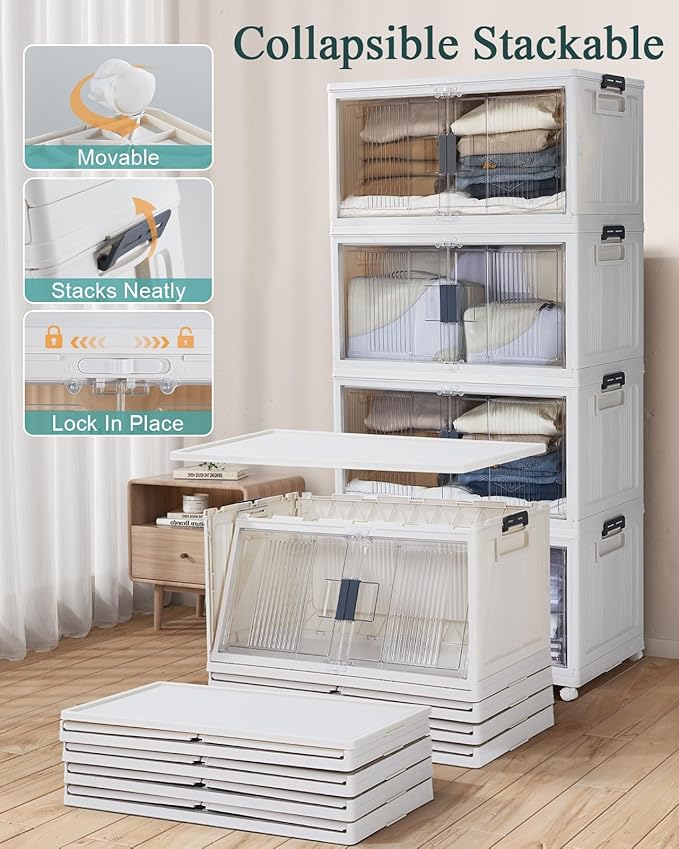 OlarHike 97QT Stackable Storage Bins with Lids - Folding Storage Box with Doors and Wheels, Collapsible Plastic Storage Drawers for Closets and Organization, Garage, 5 Pack Cubes
