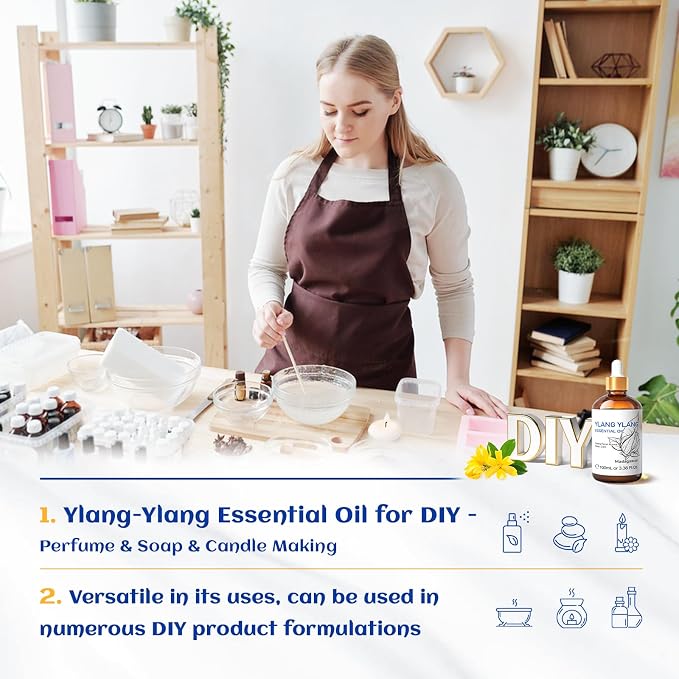 HIQILI Ylang-Ylang Essential Oil, Long-Lasting Scent for Diffuser, Perfumes, Aromatherapy, DIY - 3.38 Fl Oz