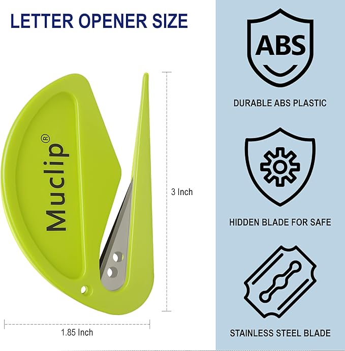 3 Pack Safety Letter Opener - Ergonomic ABS Grip,Hidden Stainless Steel Blade,Fast Slitter/Opener for Envelopes,Mail,Packages & More,Ideal for Office,Home & Business (3 Colors)