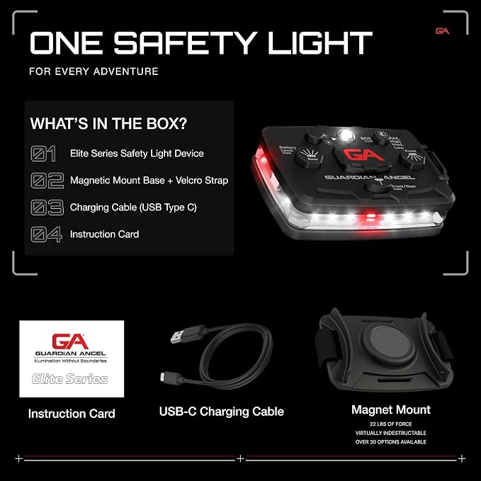 Guardian Angel Elite Series Safety Light, Beacon Device (White Front & White/Red Rear) Rechargeable, Magnetic, Hands-Free Wearable & Mountable LED Flashlight For First Responders, Firefighter & Rescue