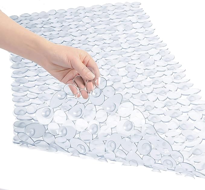WELTRXE Non Slip Bath Mat Pebbles Bathtub Mat with Suction Cups, Drain Holes for Bathroom Showers, Tub, 35 x 16 Inches Machine Washable Bathroom Mats BPA, Latex Free Safe Shower Mats - Clear