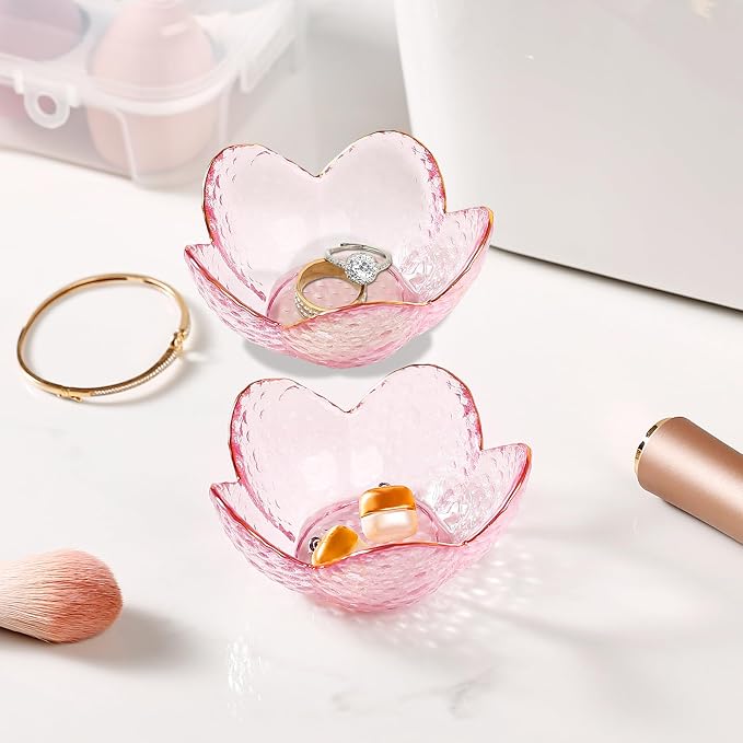 Gifts for Women Trinket Dish Flower Jewelry Dish Pink Glass Ring Holder Jewellery Tray Cute Room Decor Aesthetic Bedroom Accessories Unique Birthday New Home Mothers Day Gifts for Women Friends(2 pcs)