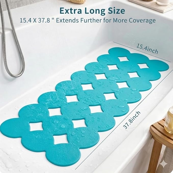 Webos Bathtub Mat Non Slip: Extra Long Rubber Bath Mat for Tub with Strong Suction Cups 15.4" x 37.8" Anti Slip Shower Mat, Big Drain Holes Bathroom Mats for Tub & Shower, Circle-Blue