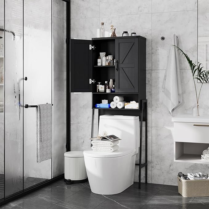 Vabches Over The Toilet Storage Cabinet with 2-Door Design Bathroom Organizers and Storage with Anti-Tip Device Over Toilet Organizer with Shelves for Bathroom,Restroom,Laundry Black