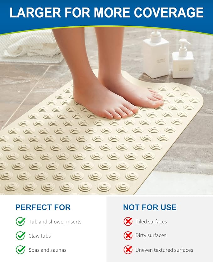 Bligli Bathtub Mat Non-Slip Without Suction Cups, 39x16inch Extra Long Bath Mats for Shower Bathroom, Machine Washable Natural Rubber Shower Tub Mat (39x16inch, Beige)