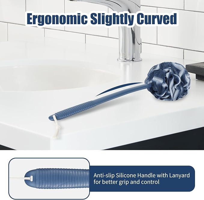 VANZAVANZU Loofah Sponge Set Loofah Exfoliating Body Scrubber, Anti-Slip Plastic 17" Handle Loofah on a Stick with Fluffy Shower Sponge, PE Soft Mesh Shower Loofahs-Blue with White Edge