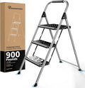 DIAMONDFORGE 3 Step Ladder, Folding Step Stool with Anti-Slip Wide Pedal, Soft Handle, Anti-Slip Feet, Sturdiest Steel Construction, 900lbs Capacity Steel Ladder for Home and Office, Grey