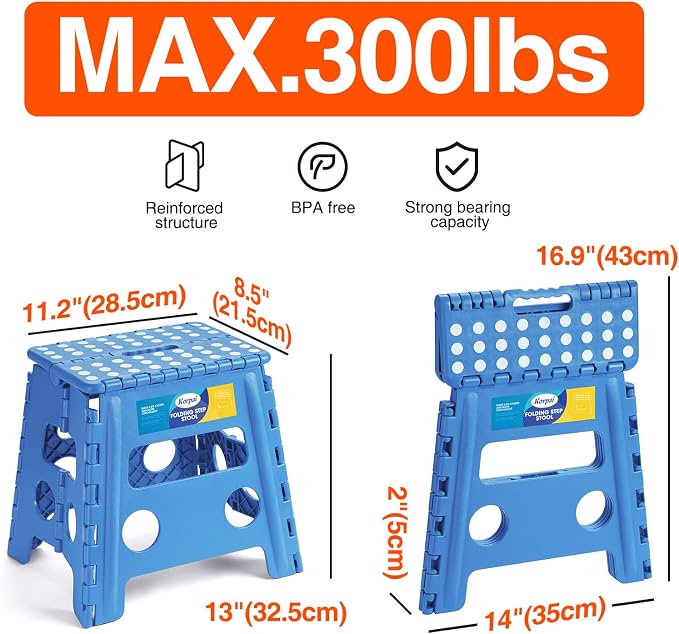 Korpai 13" Folding Step Stool for Adults and Kids Holds Up to 300 lbs,Non-Slip Folding Stools with Portable Handle, Compact Plastic Foldable Step Stool for Bathroom,Bedroom, Kitchen,Sky Blue,1PC
