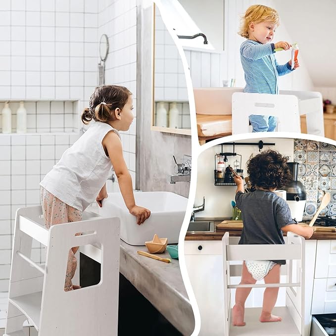 Kitchen Step Stool, WOOD CITY Toddler Kitchen Stool Helper with Safety Rail, Height Adjustable Child Standing Tower Learning Stool for Counter and Bathroom Sink (White)