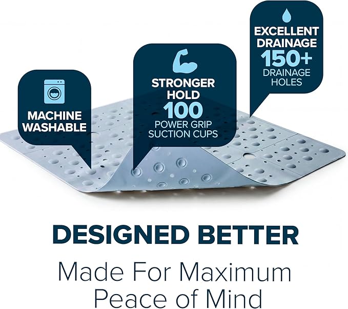 SlipX Solutions 27" Oversize Square Shower Mat, Non-Slip Mat for Elderly & Kids, 100+ Power Grip Suction Cups for Smooth Surfaces, Machine Washable, Solid Gray