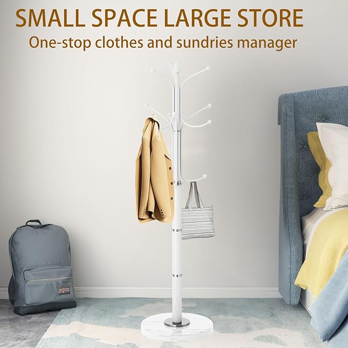 OIRUMIE Coat Rack with Natural Marble Base, Metal Modern Coat Racks Freestanding, Coat Rack Stand with 12 Hooks, Coat Tree Hats Hanger Stand for Entryway, Hallway (12 Hooks-White)