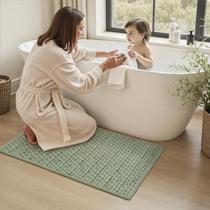 AMOAMI Unique Woven Bath Mat, Super Absorbent Non Slip Bath Mat, 17" x 24", Sage