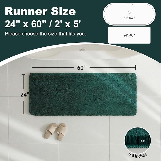 TYUU Bathroom Runner Rug, Ultra Soft Long Bath Mat Machine Washable Super Absorbent Quick Dry Bathroom Runner Rugs 24 x 60 Non Slip, Dark Green 24" x 60"