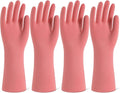 Rubber Cleaning Gloves for Dishwashing, 4 Pairs Reusable Kitchen Gloves for Washing Dishes and Household Cleaning, Pink Dish Gloves with Flocked Lining and Non-Slip Grip, Pefect for Woman Men - L