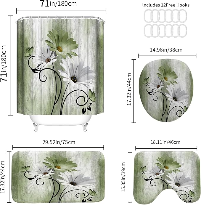 Onalasyc 4PCS Grass Green Daisy Flowers Butterfly Shower Curtain Set with Shower Curtain and Carpet and Accessories, Waterproof Bathroom Shower Curtain Decorative Set with 12 pcs Hooks,71 x 71in
