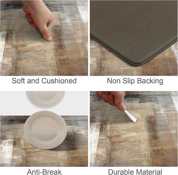 MAYHMYO Kitchen Rugs and Mats Set of 2 Brown Black Beige Anti Fatigue Mat PVC Non Slip Kitchen Mats for Floor, Bathroom, Desk, Runner, Laundry,17.3 x 29 x 0.4 inch + 17.3 x 47 x 0.4 inch