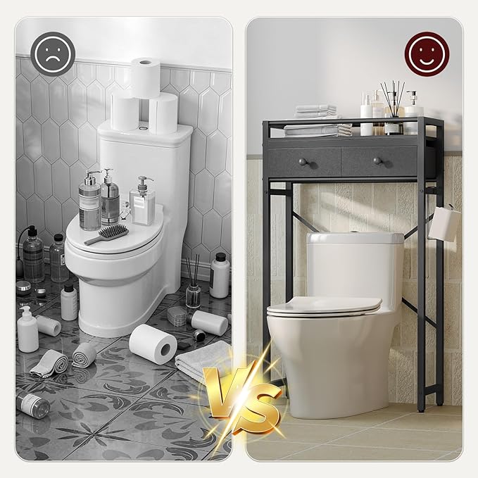 MAHANCRIS Over Toilet Storage, 2-Tier Bathroom Organizer Shelf with 2 Fabric Drawers and Toilet Paper Holder, Freestanding Above Toilet Rack for Small Spaces, Space-Saving, Black TSBK1101