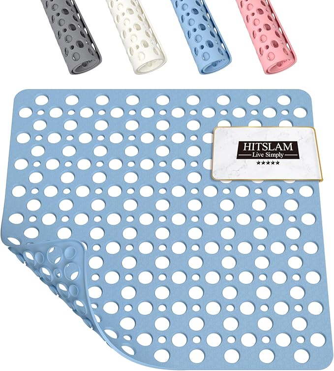 HITSLAM Shower Mat Anti Slip, 21x21 Inch No Odor Soft TPE Bathroom Shower Stall Floor Mat, Square Bath Mat for Tub Non Slip with Suction Cups and Drain Holes, Machine Washable, Soft on Feet, Blue