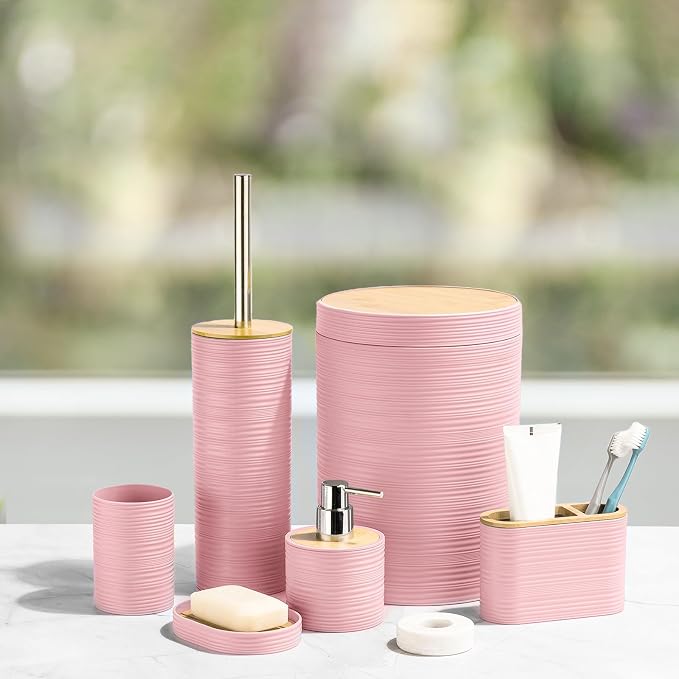 CERBIOR Bathroom Accessories Set 6 Piece Bamboo Bath Ensemble Includes Soap Dispenser, Toothbrush Holder, Toothbrush Cup, Soap Dish for Decorative Countertop and Housewarming Gift, Sriral Pink