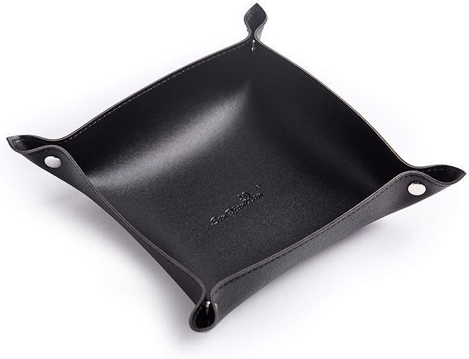 Leather Jewelry Valet Tray for Women and Man, Portable Entryway Table Tray Bedside Nightstand Desk Tray Small Catchall Travel Dish Plate for Key,Wallet,Watch,Coin (Black-B)