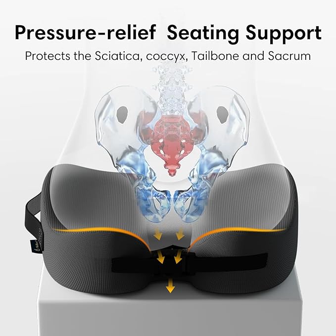 Large Memory Foam Seat Cushion for Office Chair, Car, Truck & Wheelchair - Sciatica Ease, Coccyx & Tailbone Pain Relief Cushion for Long Sitting & Driving