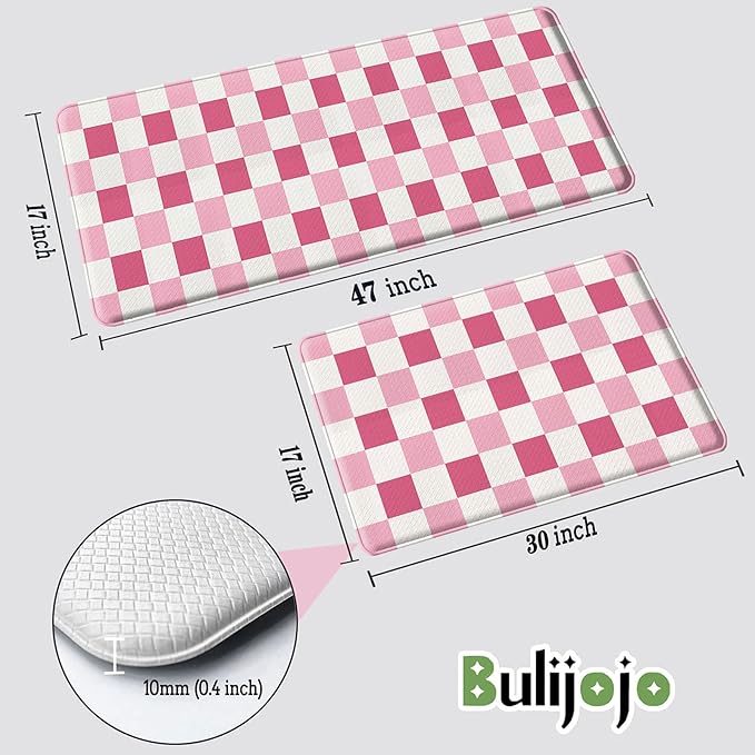 Bulijojo Pink Plaid Anti Fatigue Kitchen Floor Mats Set of 2 Waterproof Kitchen Sink Runner Rug Standing Mat Cushioned Kitchen Rugs Comfort Doormat 17"x47"+17" x30“