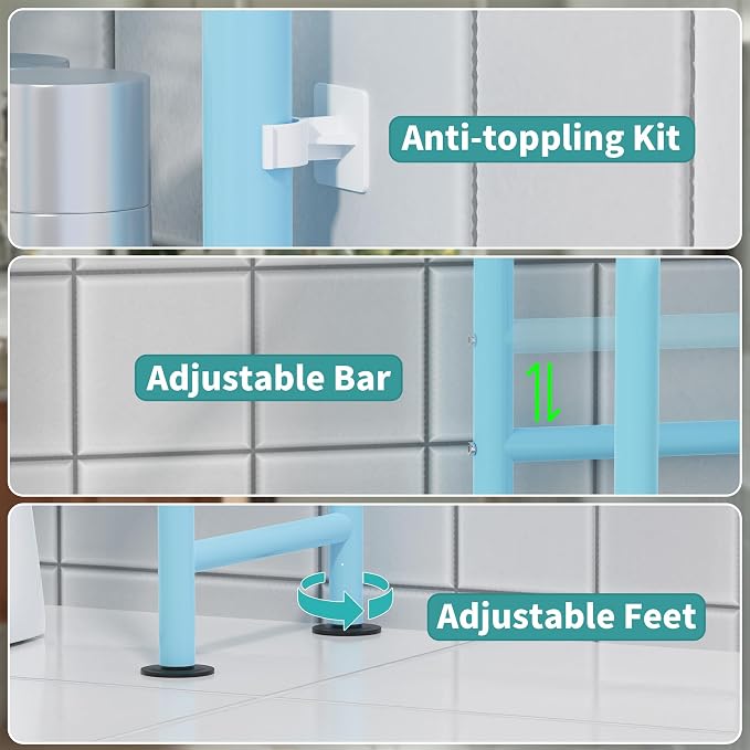 3-Tier Over The Toilet Storage Organizer, Space-Saving Bathroom Rack with Paper Holder & 4 Hooks, 64" Tall Freestanding Carbon Steel Shelf for Small Apartment Laundry Room (Blue)