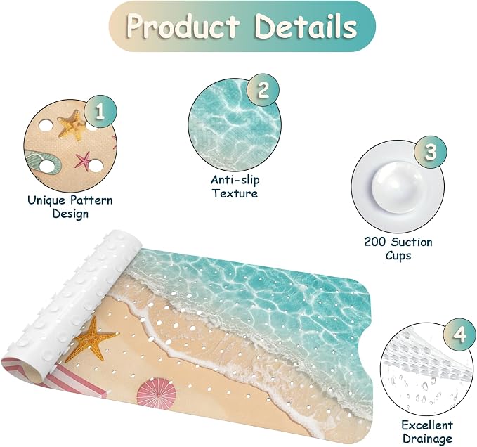 Bathtub Mat Non Slip, Beach Extra Long Bath tub Mat Shower Floor Mat with Suction Cups and Drain Holes for Adults Kids Elderly 40 X 16 Inch