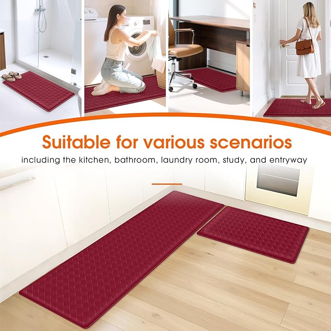 TranquilRelax Kitchen Mats, 2PCS Kitchen Rugs, Cushioned Anti Fatigue Kitchen Mats for Floor, Non-Slip Standing Desk Mat, Waterproof Kitchen Rug Set for Kitchen Floor Office,17.3"×30"+17.3"×59" Red