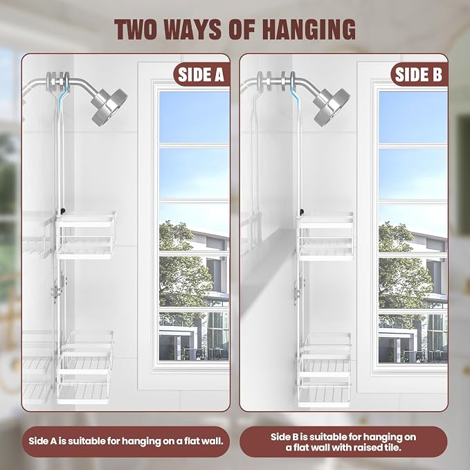 REINHARDT Adjustable Shower Caddy Hanging Rustproof Shower Caddy for Handheld Showerheads, Shower Organizer with Hooks Soap Holder Toothbrush Holder, Anti-Swing Shower Rack Bathroom Accessories, White